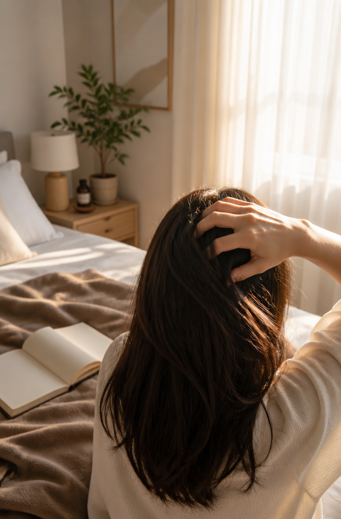 Scalp Massage for Hair Growth: Methods, Tools & Techniques 5 Individual kneading their scalp with one hand in a softly lit bedroom.