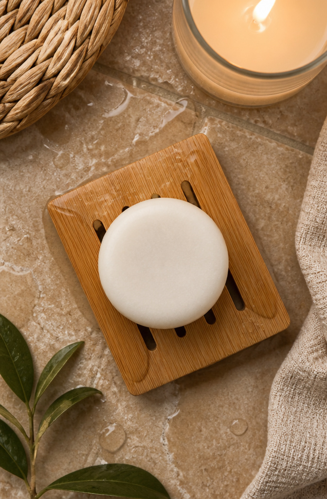Kitsch Rice Water Conditioner Bar resting on a wet surface.