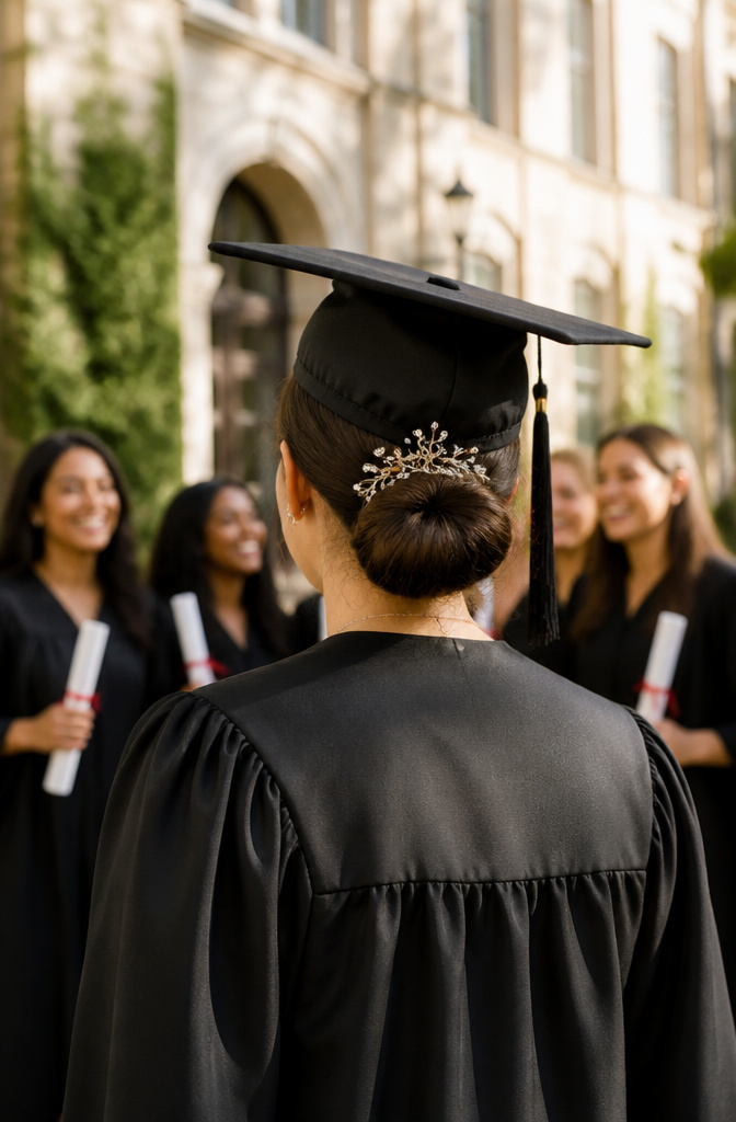 20 Down Hairstyles for Graduation That Work with a Cap 5 Graduate with a low bun decorated with hair accessories, positioned under a mortarboard cap.