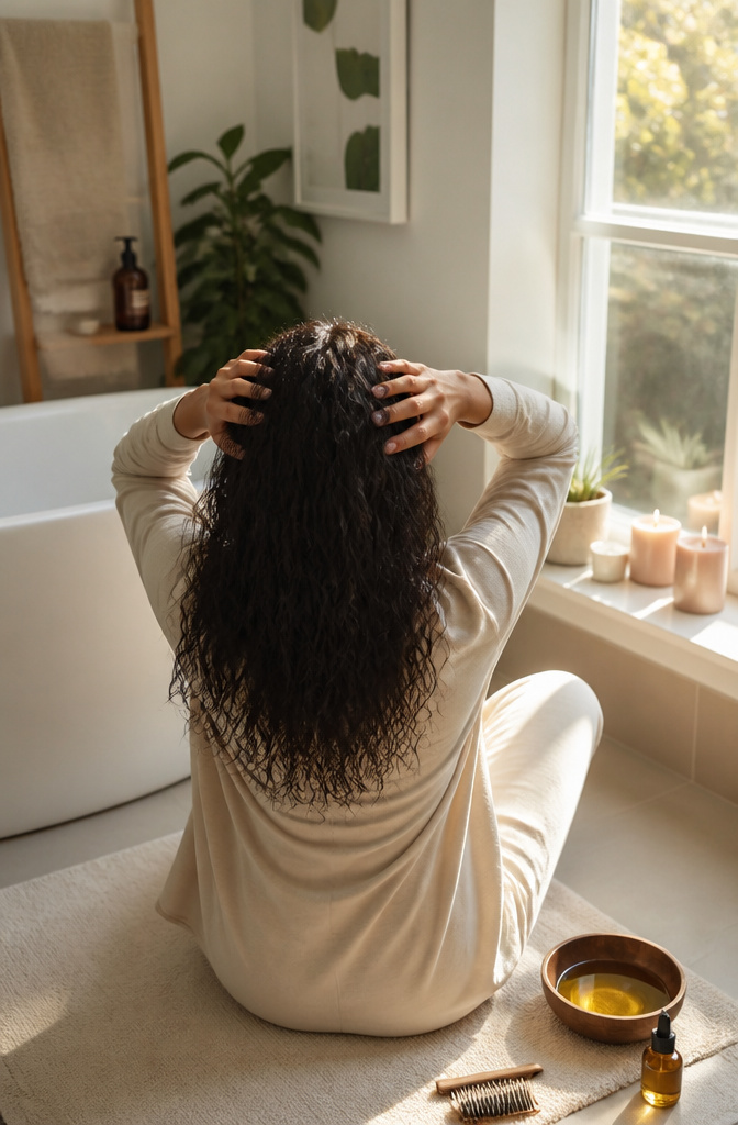 How to Grow Your Hair Faster: 7 Steps Backed by Research 5 Person massaging their scalp while seated in a bathroom.