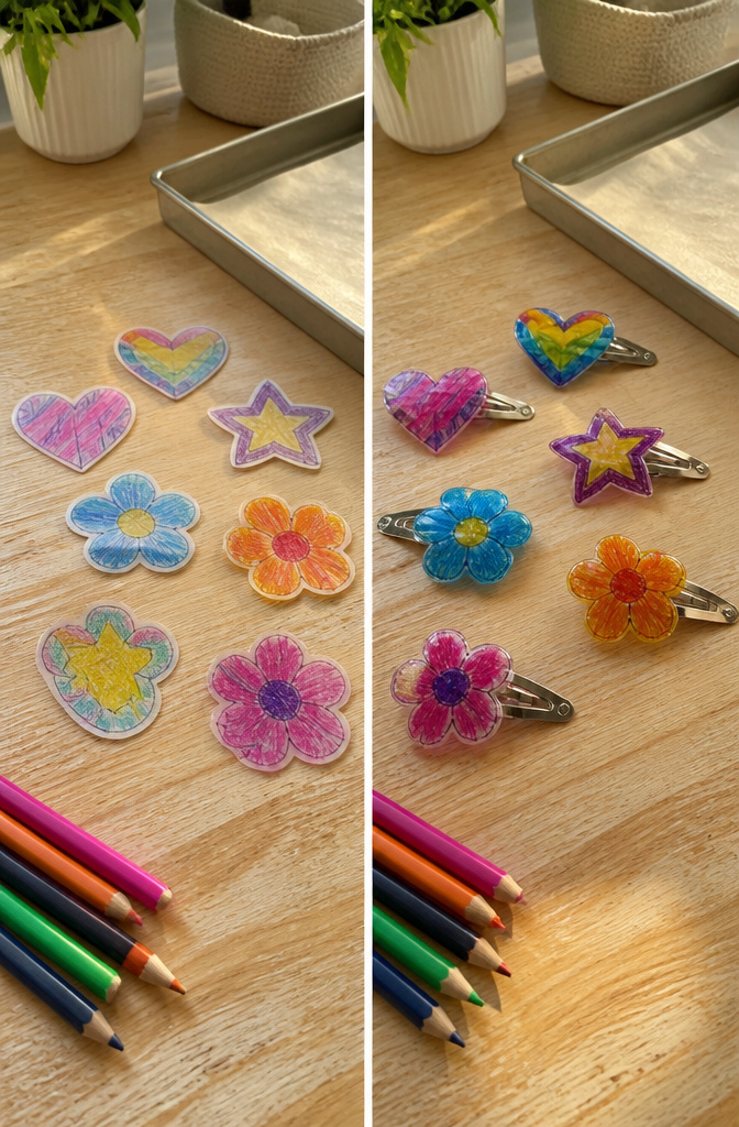 DIY Hair Clips: 12 Ideas for Statement, Bow, Beaded and More 5 Cut-out designs drawn on shrink plastic sheets before baking.
