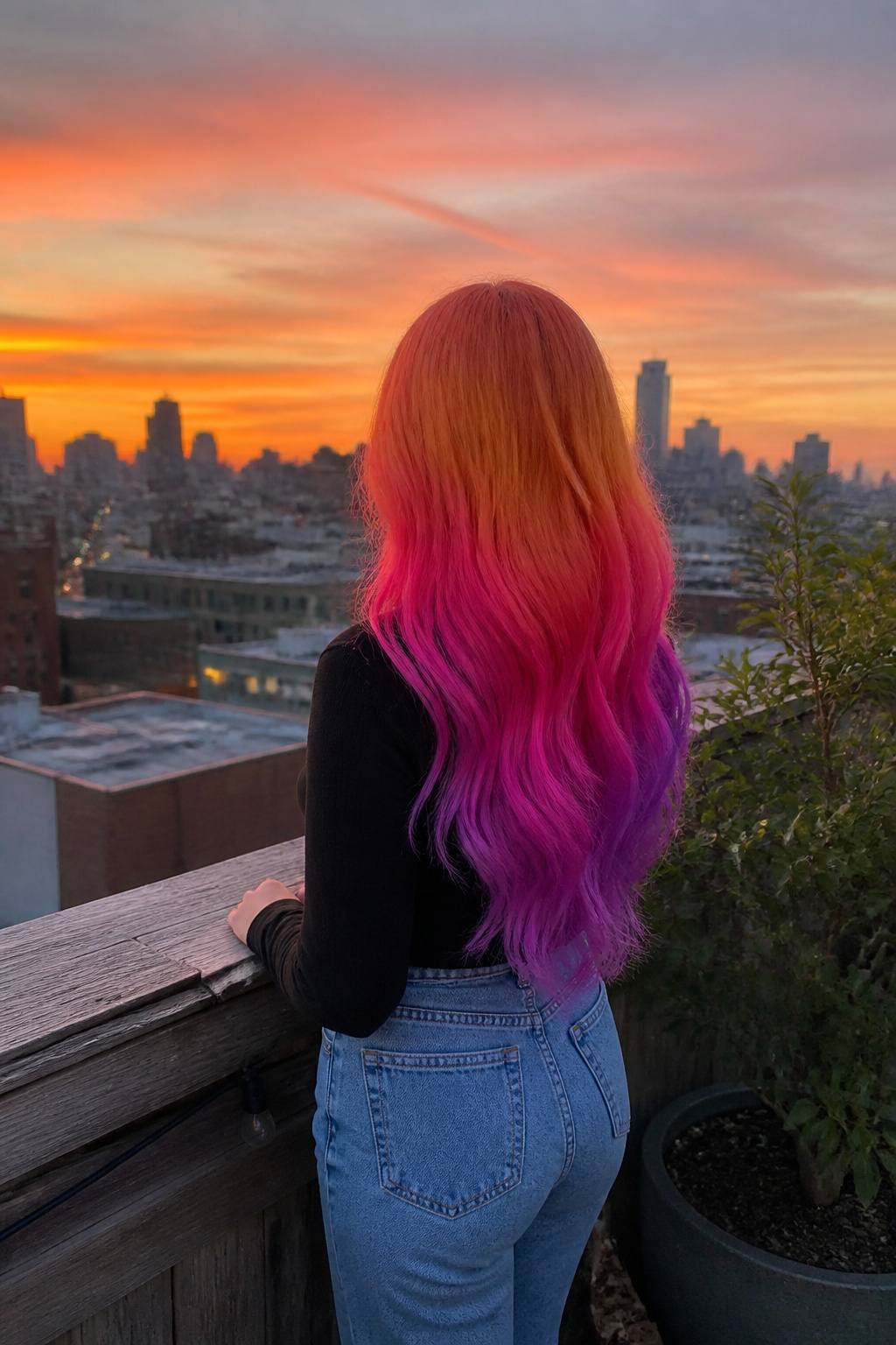 Best Holographic Hair Ideas: Colors, Styles and Techniques for 2026 5 Model with vibrant sunset hair against a city skyline at dusk.
