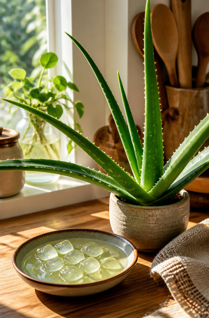 Fresh aloe vera gel in a dish next to an aloe plant.