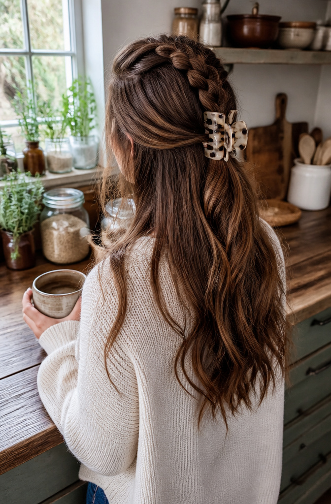 17 Half Up Half Down Hairstyles Claw Clip Ideas for 2026 5 Woman demonstrating a half-up half-down hairstyle with a Dutch braid.