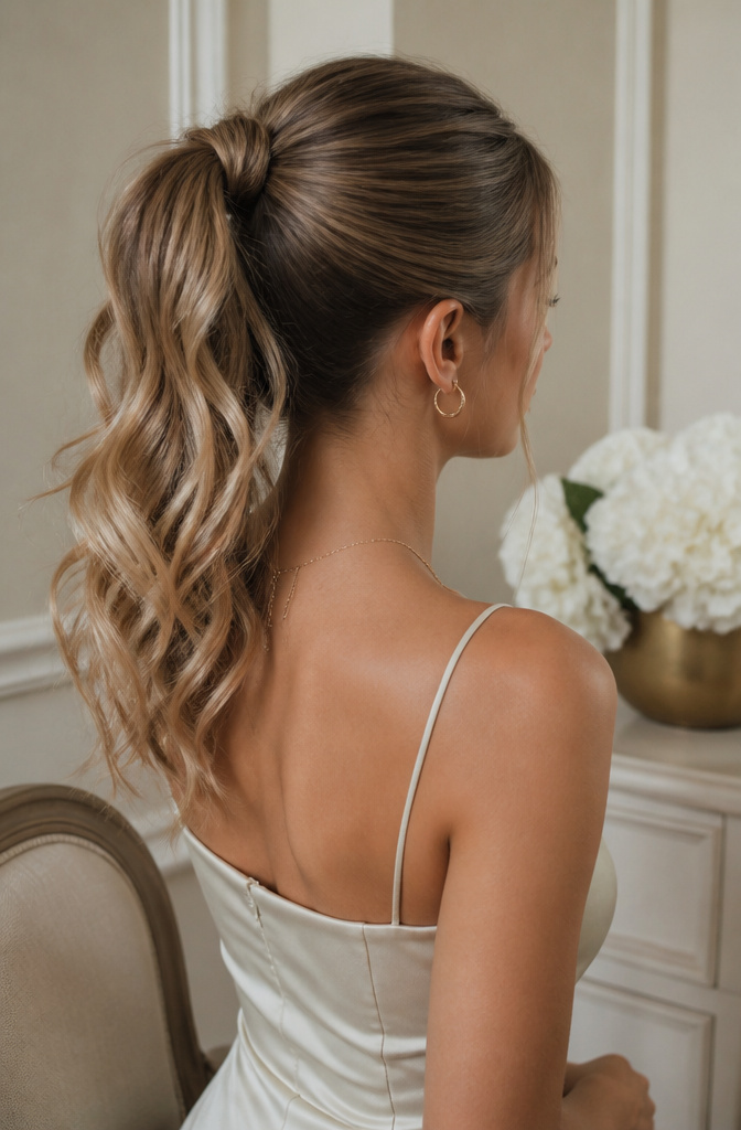 A model with a high ponytail and soft waves in a studio.