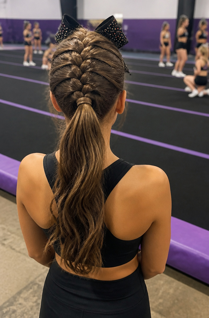 18 Cheer Hair Styles: Ideas for Every Practice and Competition 5 A cheerleader showcases a Dutch braid leading into a ponytail.