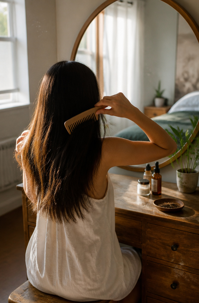 How to Comb Hair: 6 Ways to Style, Detangle, and Protect 5 Individual combing long hair in front of a mirror.