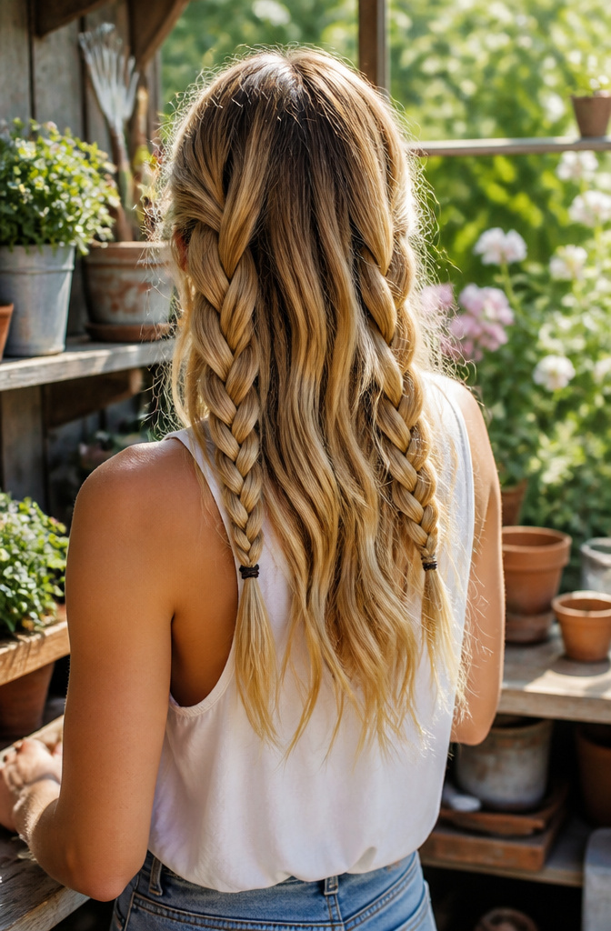 20 Easy Hairstyle Ideas You Can Do in Minutes (2026) 5 A model with loose braids accentuating her features in a garden.