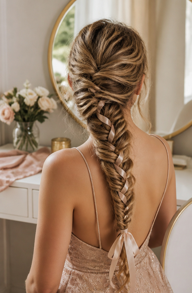 20 Prom Hairstyles for Long Hair: Ideas for 2026 5 A fishtail braid hairstyle featuring an intricate weaving pattern.