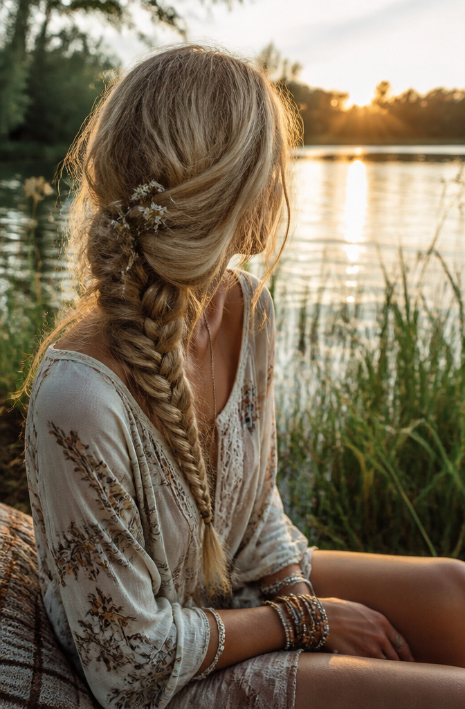 10 Hippie Hairstyles That Defined the 1960s and Still Work in 2026 5 A model with a side braid in a serene lakeside setting.