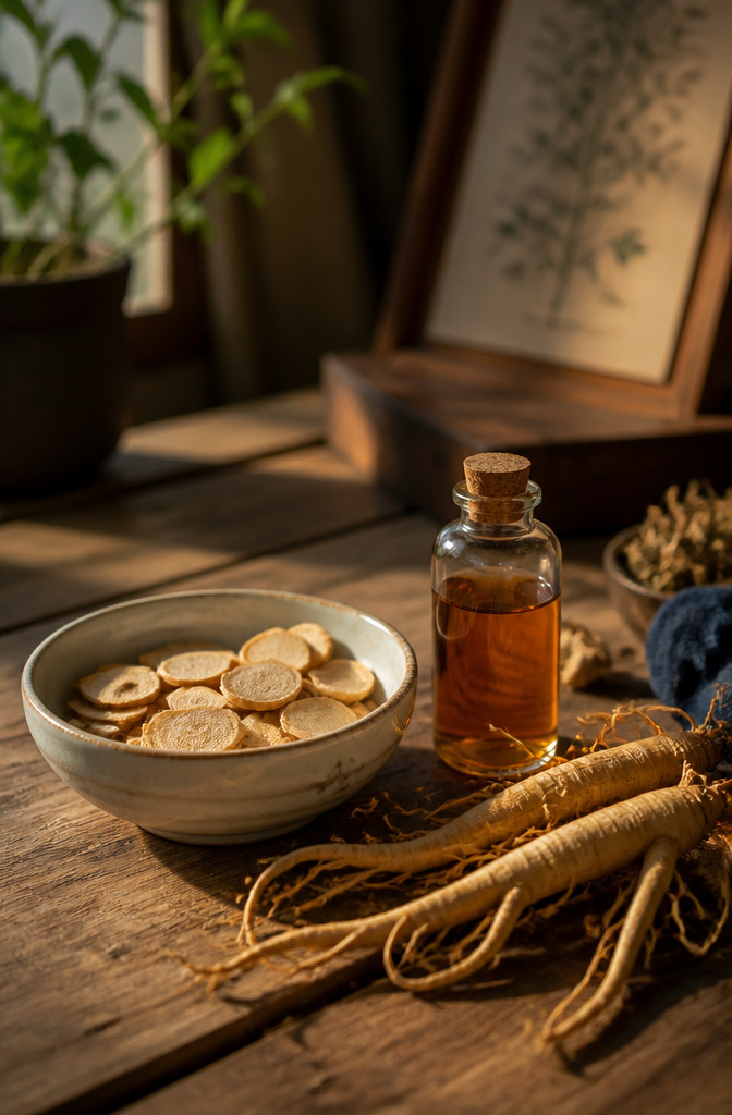Porcelain bowl with ginseng root slices and a glass vial of extract.