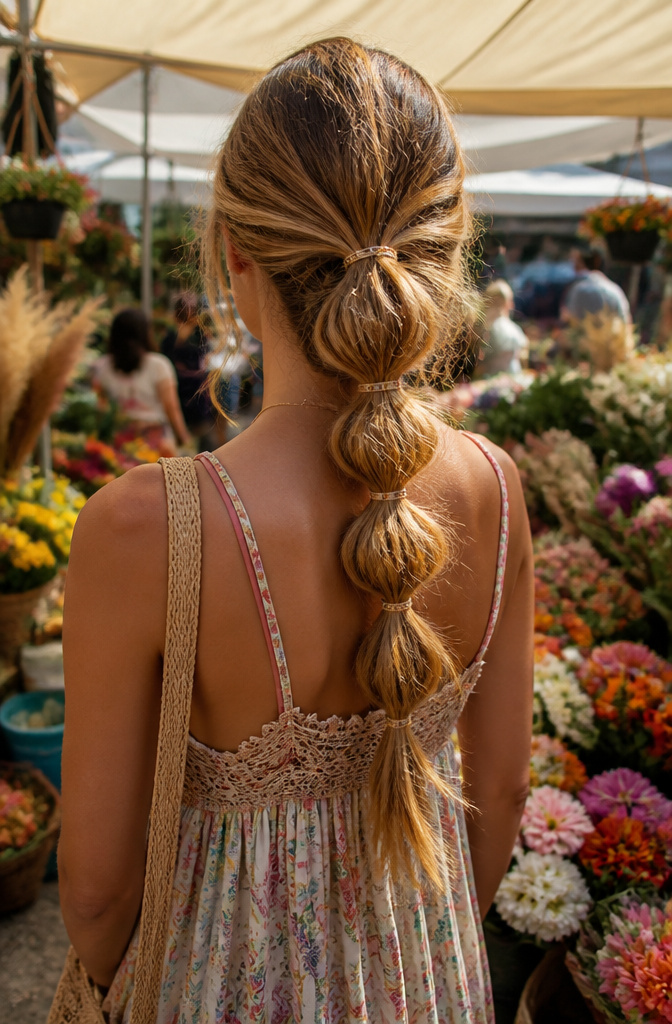 10 Hippie Hairstyles That Defined the 1960s and Still Work in 2026 6 A model showcasing a bubble braid in a vibrant flower market.