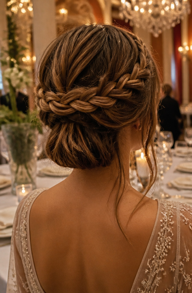 20 Pretty Hairstyles with Braids for 2026 6 Woman with a halo braid encircling her head in a beautifully lit ballroom.