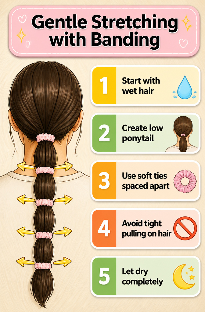 An information image illustrating the banding method for hair stretching.