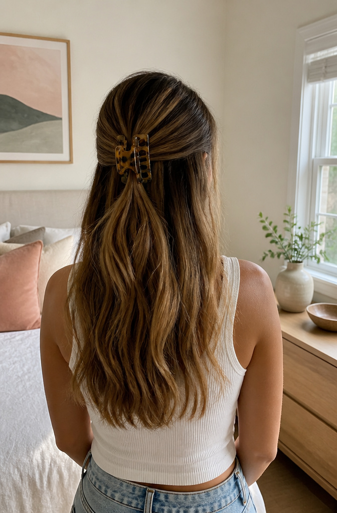 17 Half Up Half Down Hairstyles Claw Clip Ideas for 2026 6 Woman showcasing a half-up half-down ponytail held by a claw clip.
