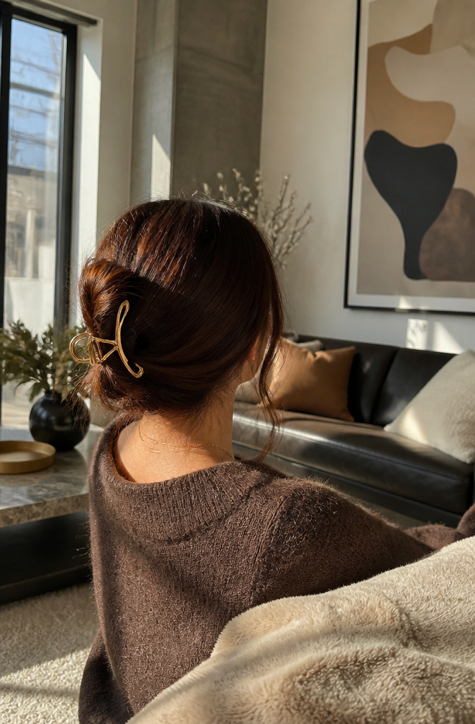 20 Easy Hairstyle Ideas You Can Do in Minutes (2026) 6 A relaxed updo secured with a gold claw clip at the nape.