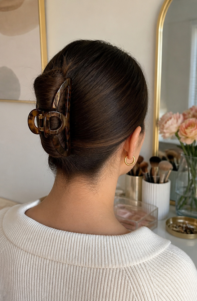 10 Hair Clips Hairstyles for 2026: French Twist, Half-Up, Bun & More 6 Slicked-back updo hairstyle gathered at the nape with a claw clip.