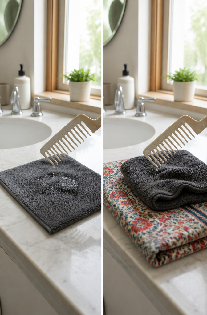 How to Comb Hair: 6 Ways to Style, Detangle, and Protect 6 Wide-toothed comb next to a towel in a bathroom.