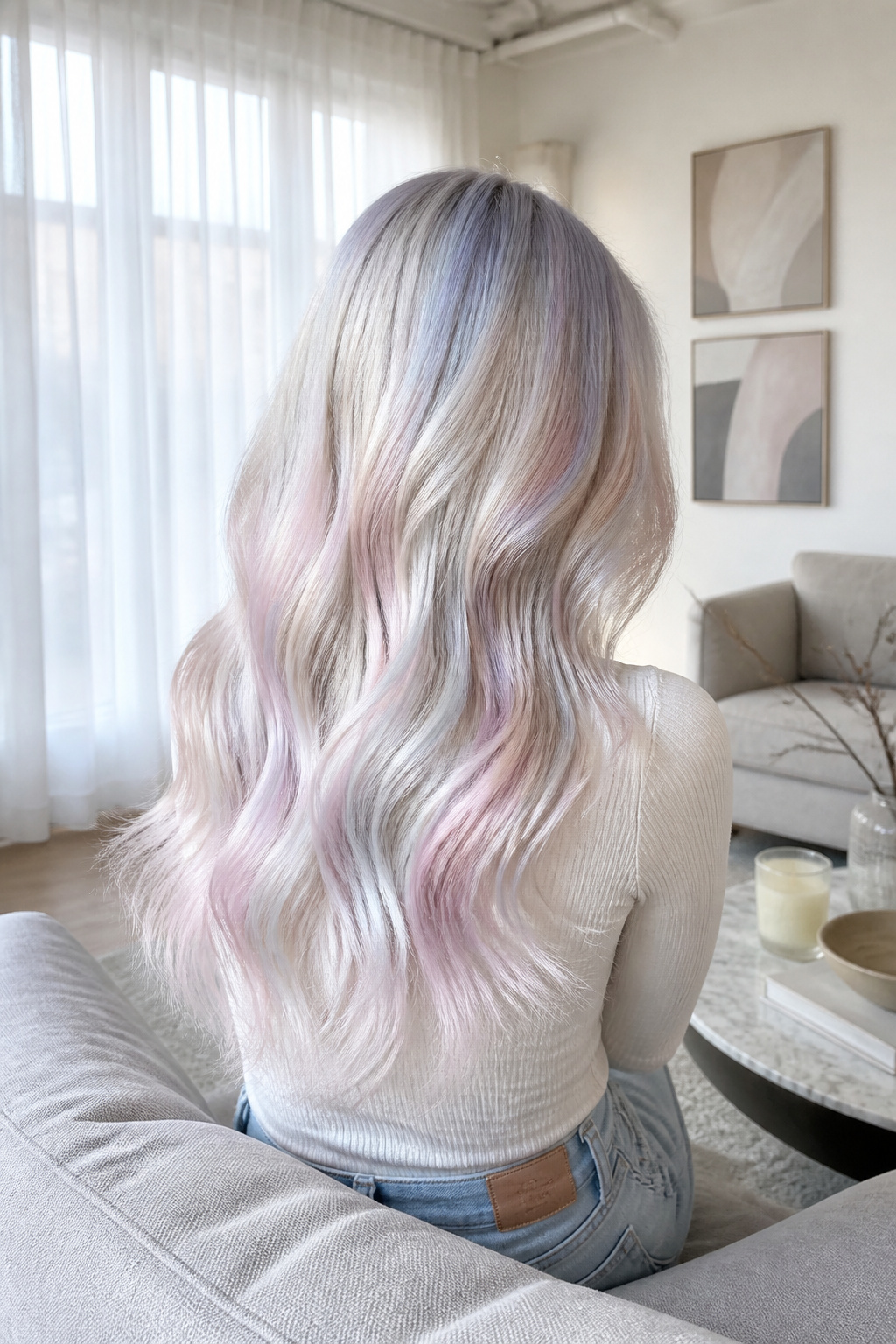 Best Holographic Hair Ideas: Colors, Styles and Techniques for 2026 6 Model with mother of pearl hair in a bright, airy loft.