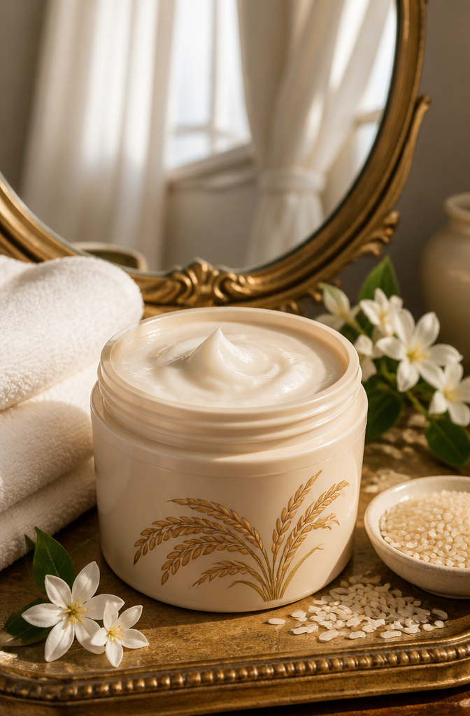 A jar of Luseta Rice Water Hair Mask on a counter.