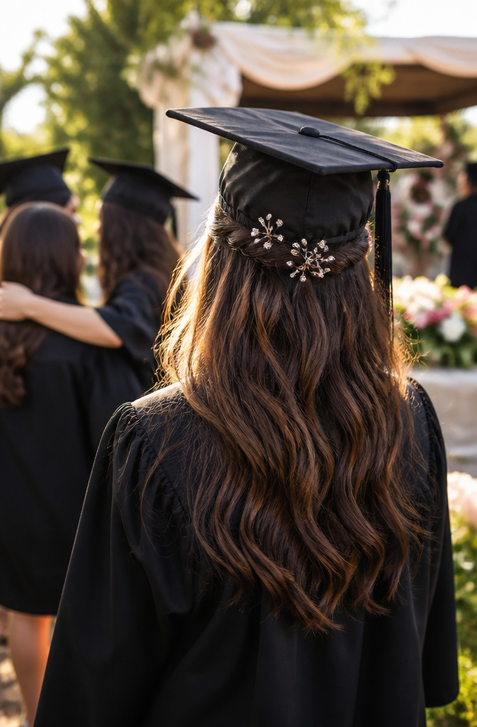 20 Down Hairstyles for Graduation That Work with a Cap 6 Graduate with a half-up hairstyle featuring small crystal pins.