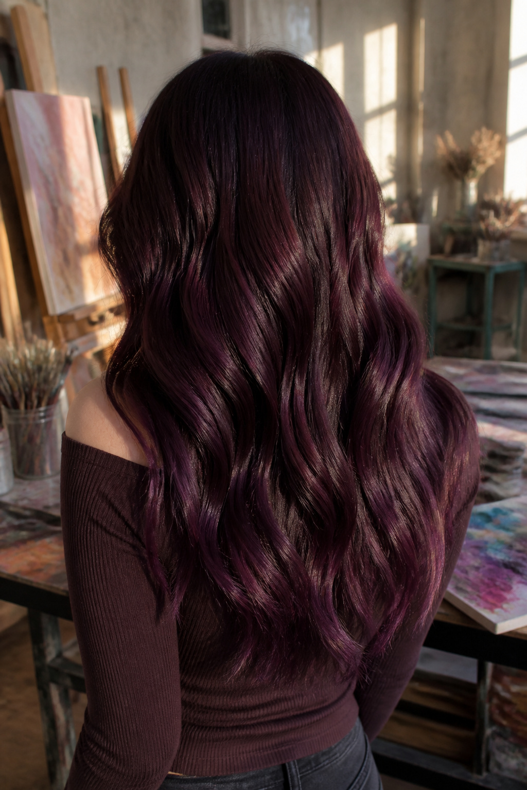 A model with chocolate brown hair featuring hints of violet.