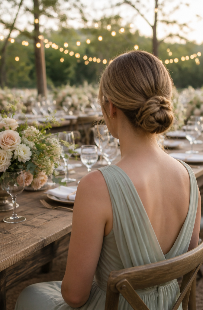 12 Bridesmaid Hairdo Ideas for 2026: Updos, Braids, Waves & More 7 Bridesmaid with a classic low chignon at an outdoor wedding.