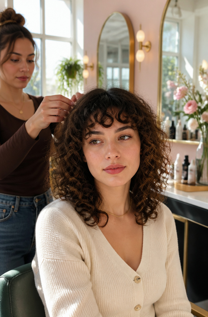 10 Cut Curly Hairstyles: Styles, Tips & What to Ask For in 2026 7 A model shows off curly bangs that fall just above her eyebrows.