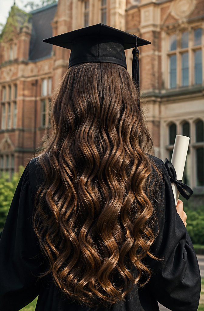 20 Down Hairstyles for Graduation That Work with a Cap 7 Graduate displaying defined, voluminous curls styled elegantly.