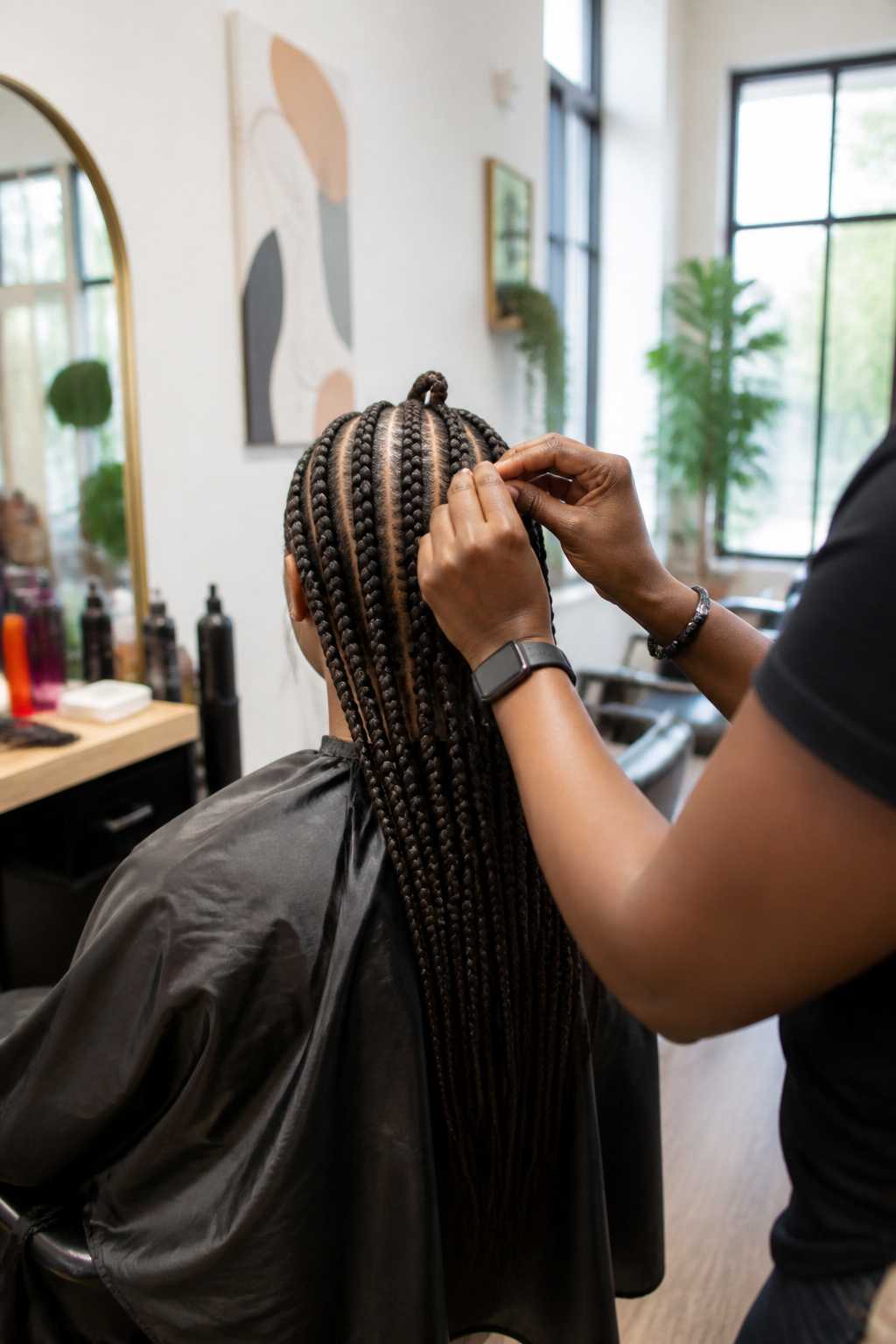 A woman showcasing her intricately styled stitch braids in a salon.