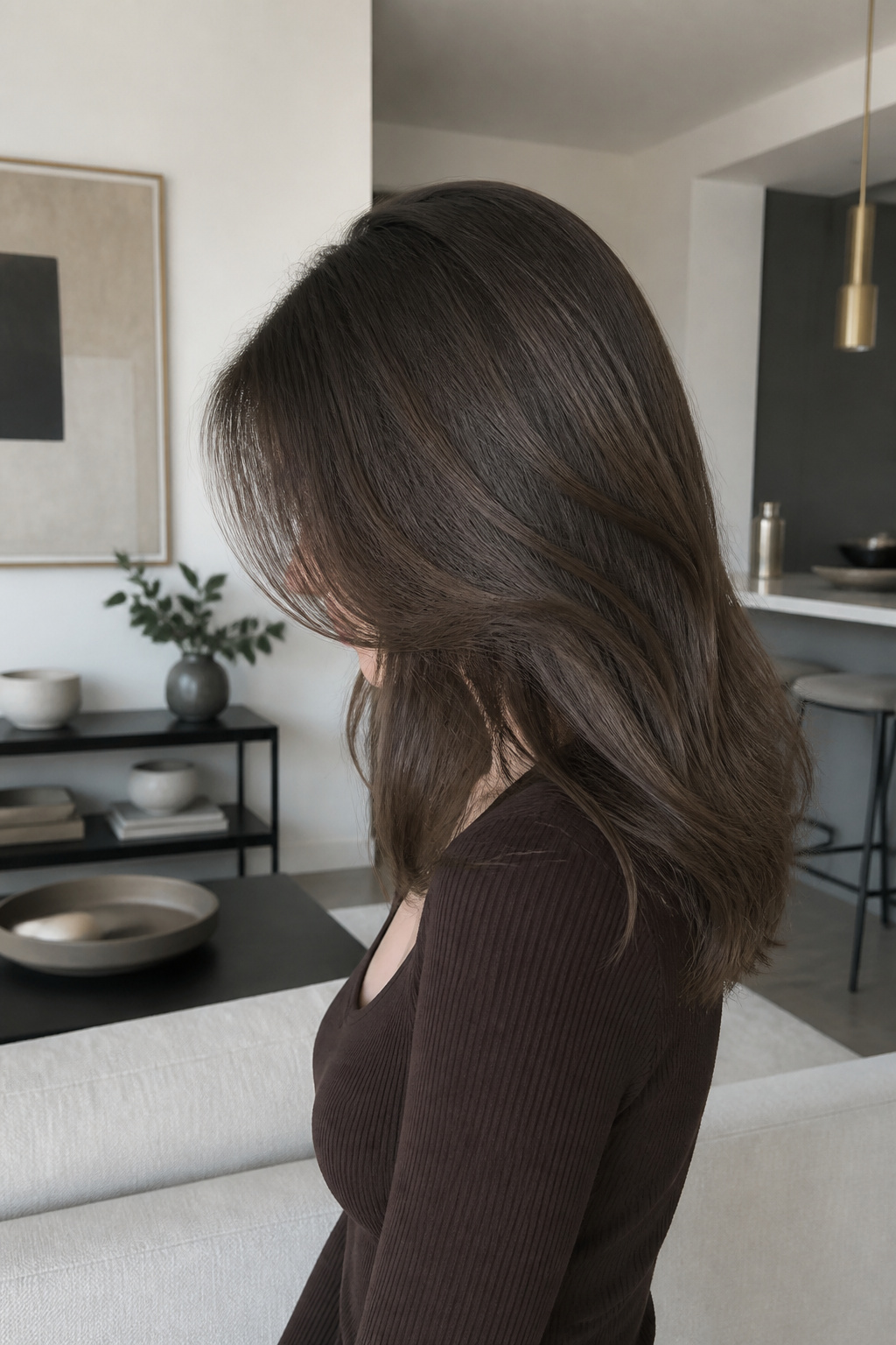 A model with ashy chocolate brown hair, appearing cool and sleek.