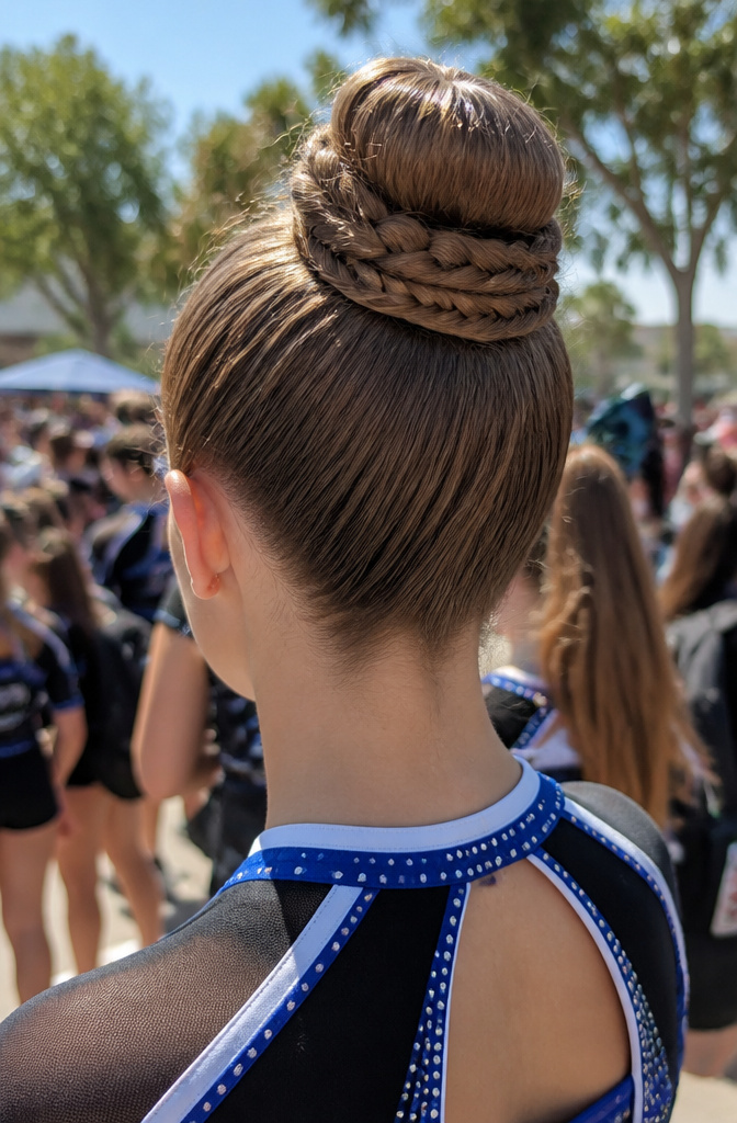18 Cheer Hair Styles: Ideas for Every Practice and Competition 7 A cheerleader shows a high bun wrapped in a braid at a competition.
