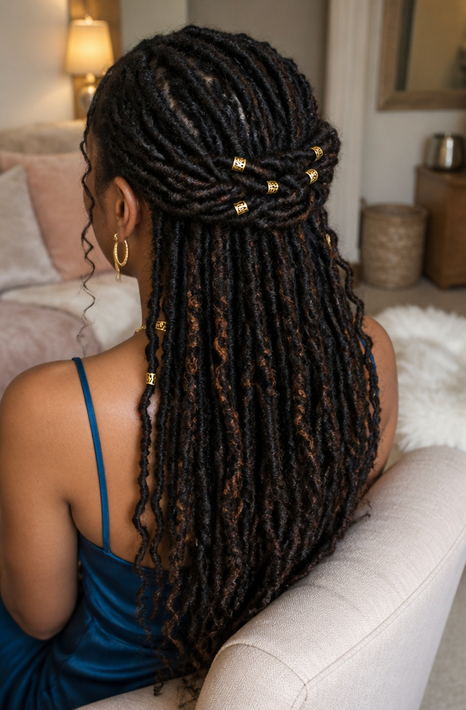 20 Prom Hairstyles for Long Hair: Ideas for 2026 7 A half-up, half-down hairstyle featuring locs adorned with gold cuffs.