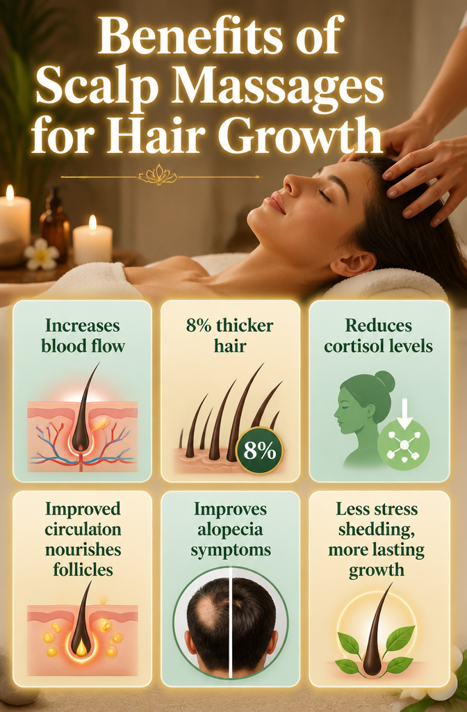 Scalp Massage for Hair Growth: Methods, Tools & Techniques 7 An infographic detailing the benefits of scalp massages for hair growth.