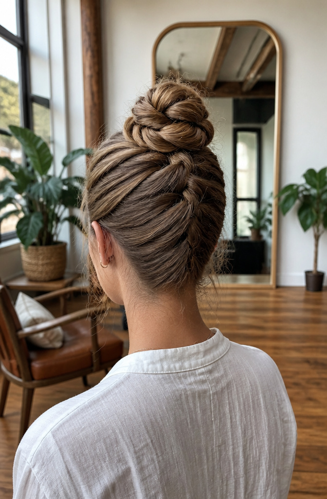 15 Quick Braided Hairstyles You Can Do in Minutes for 2026 7 Woman with fine hair styled in an upside-down braided bun.