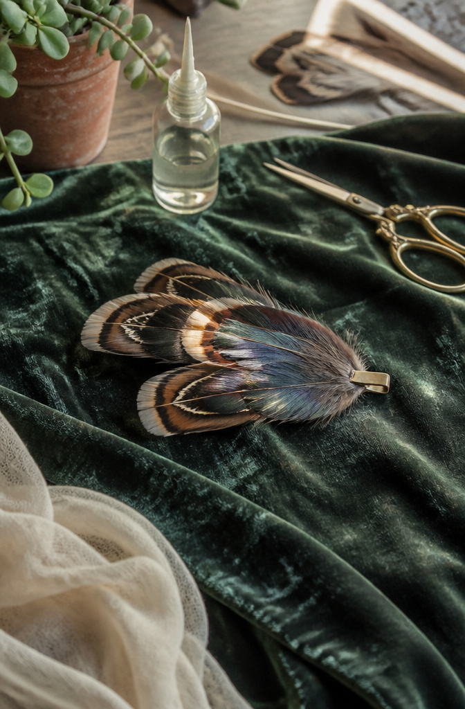 DIY Hair Clips: 12 Ideas for Statement, Bow, Beaded and More 7 Turkey feathers layered on a hair clip, displayed on a velvet surface.