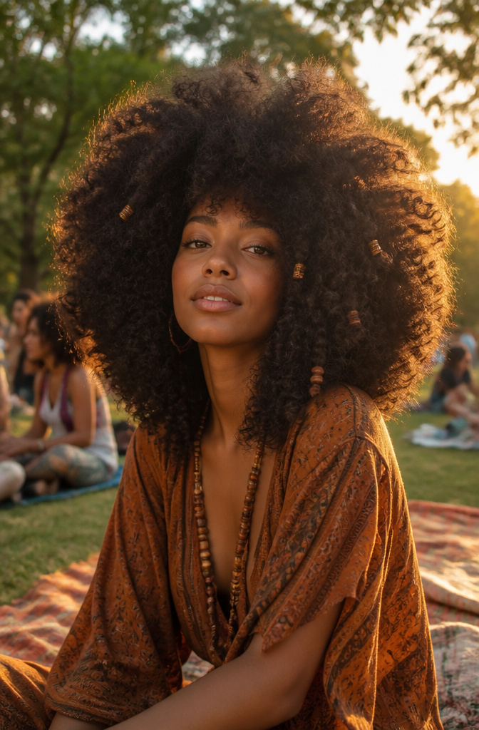 10 Hippie Hairstyles That Defined the 1960s and Still Work in 2026 7 A model proudly displaying a well-maintained Afro hairstyle.