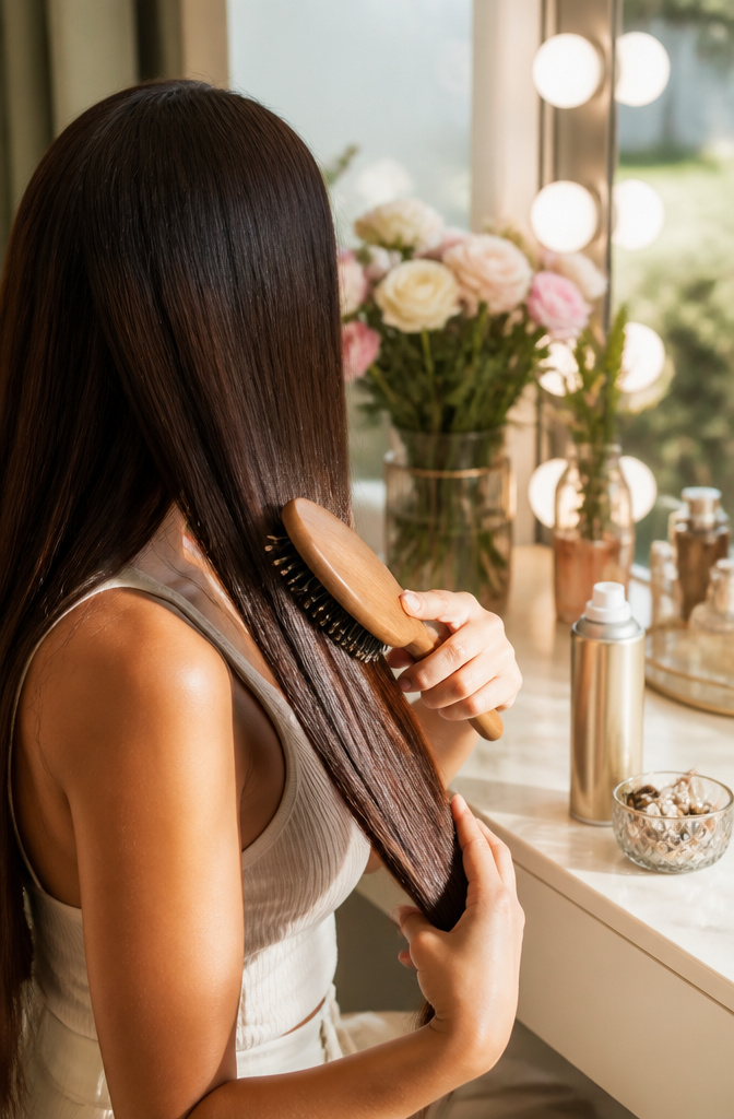 A photograph showing the final steps of hair straightening with products.