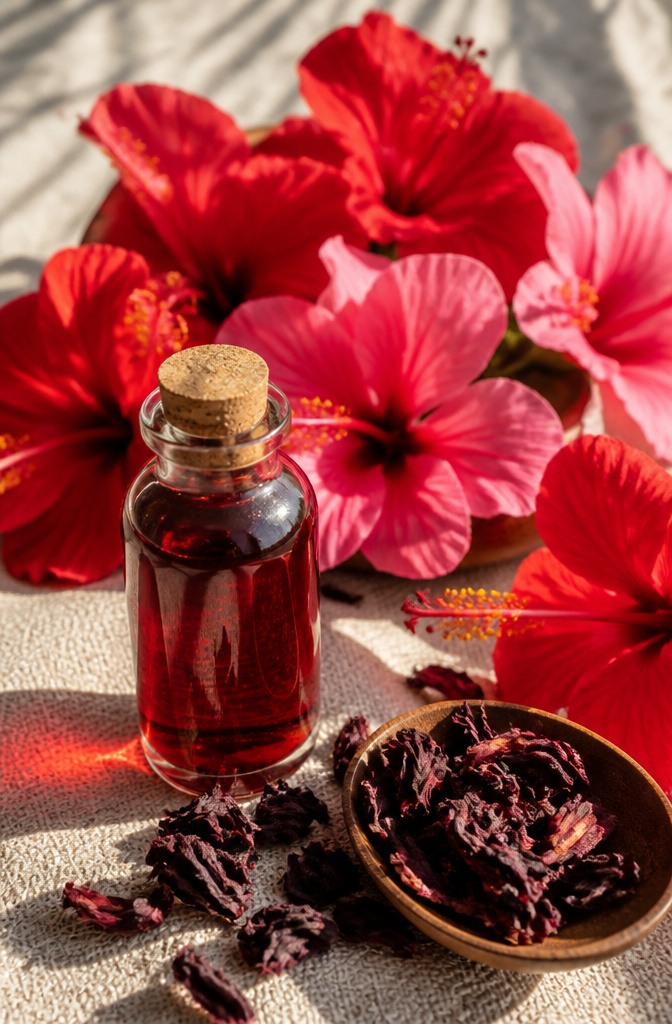 Bright hibiscus flowers and a bottle of hibiscus oil on linen.