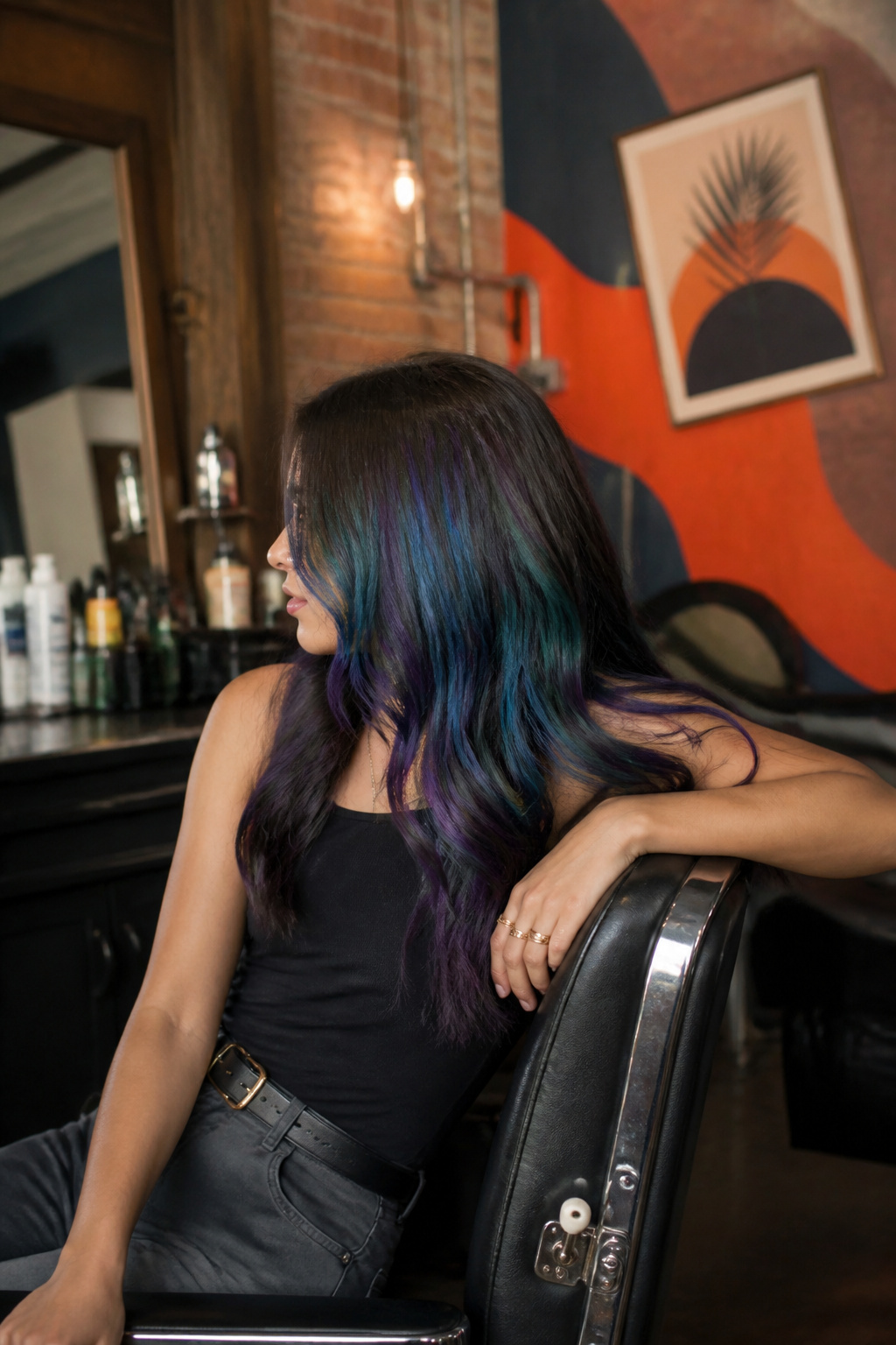 Best Holographic Hair Ideas: Colors, Styles and Techniques for 2026 7 Model with oil slick hair in a vibrant barbershop setting.