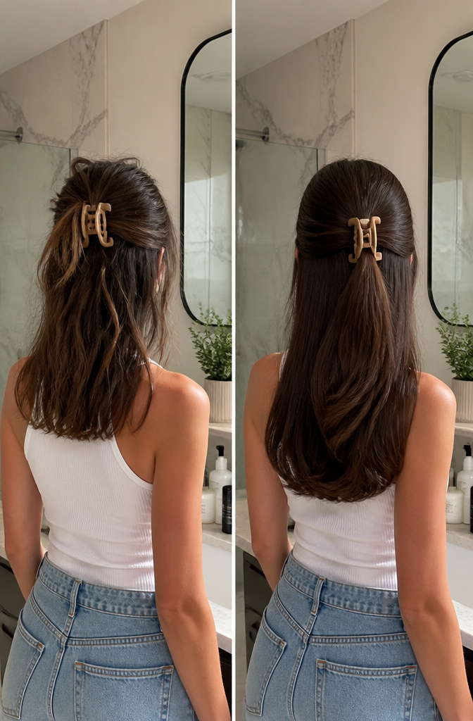 17 Half Up Half Down Hairstyles Claw Clip Ideas for 2026 7 Woman with slicked front hair in a half-up half-down style.