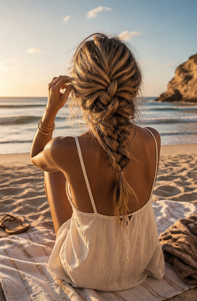 20 Pretty Hairstyles with Braids for 2026 7 Woman with a messy braid sitting on the sand with loose strands.