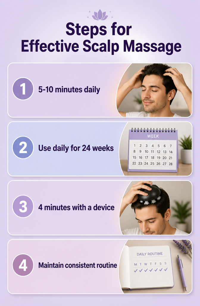 Scalp Massage for Hair Growth: Methods, Tools & Techniques 8 Steps for effective scalp massage illustrated in a visual guide.