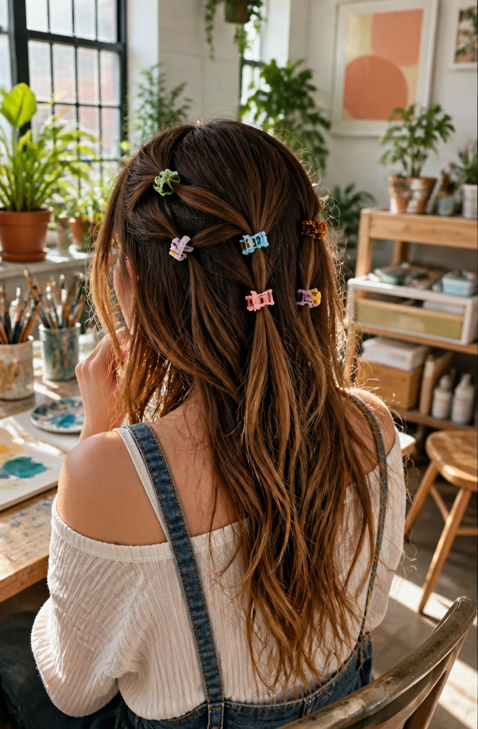 10 Hair Clips Hairstyles for 2026: French Twist, Half-Up, Bun & More 8 Casual hairstyle with mini claw clips holding small sections of hair.