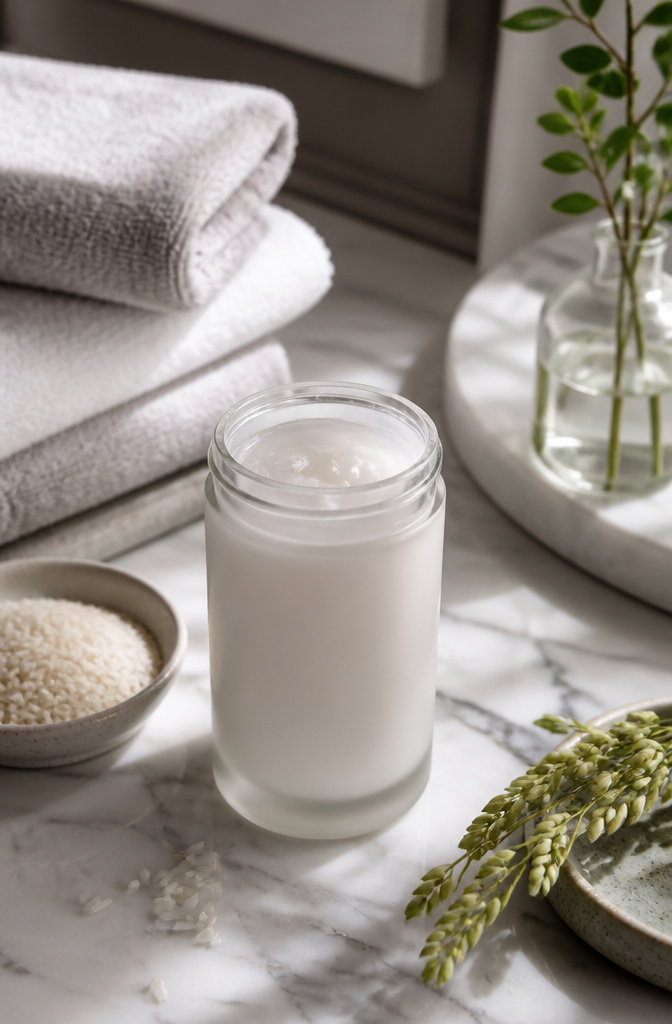 A frosted bottle of Briogeo Rice Water Protein Treatment on a countertop.