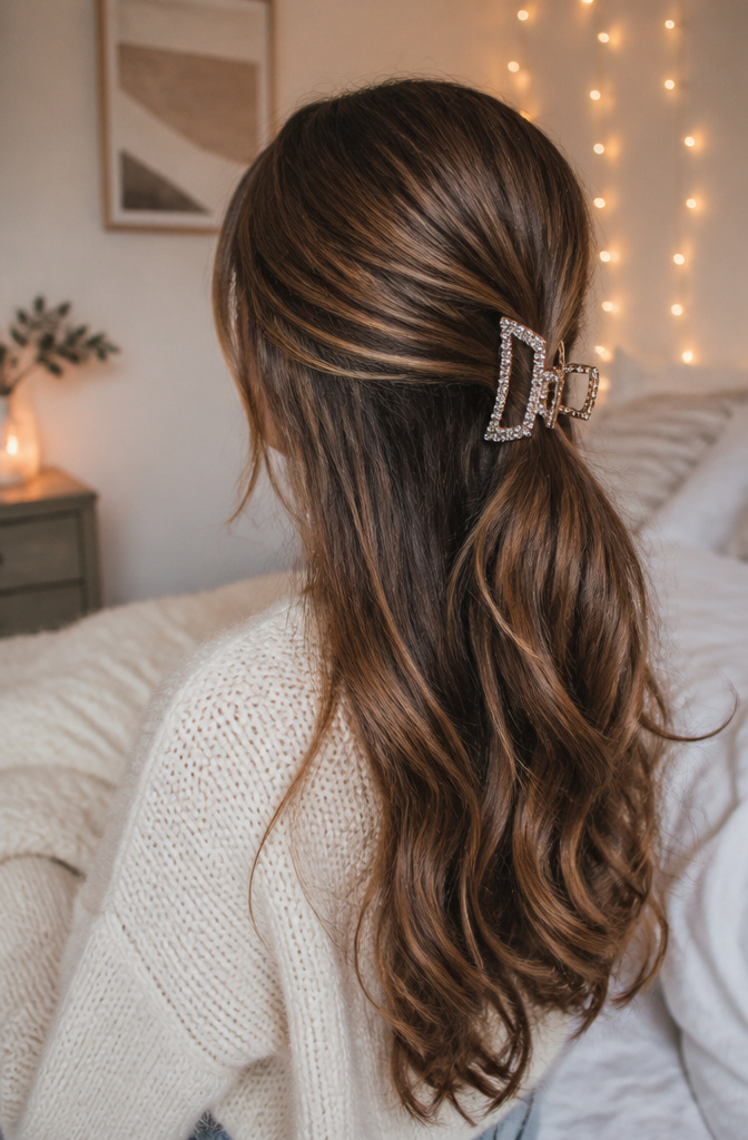 17 Half Up Half Down Hairstyles Claw Clip Ideas for 2026 8 Half-up half-down hairstyle with a decorative bejeweled claw clip.