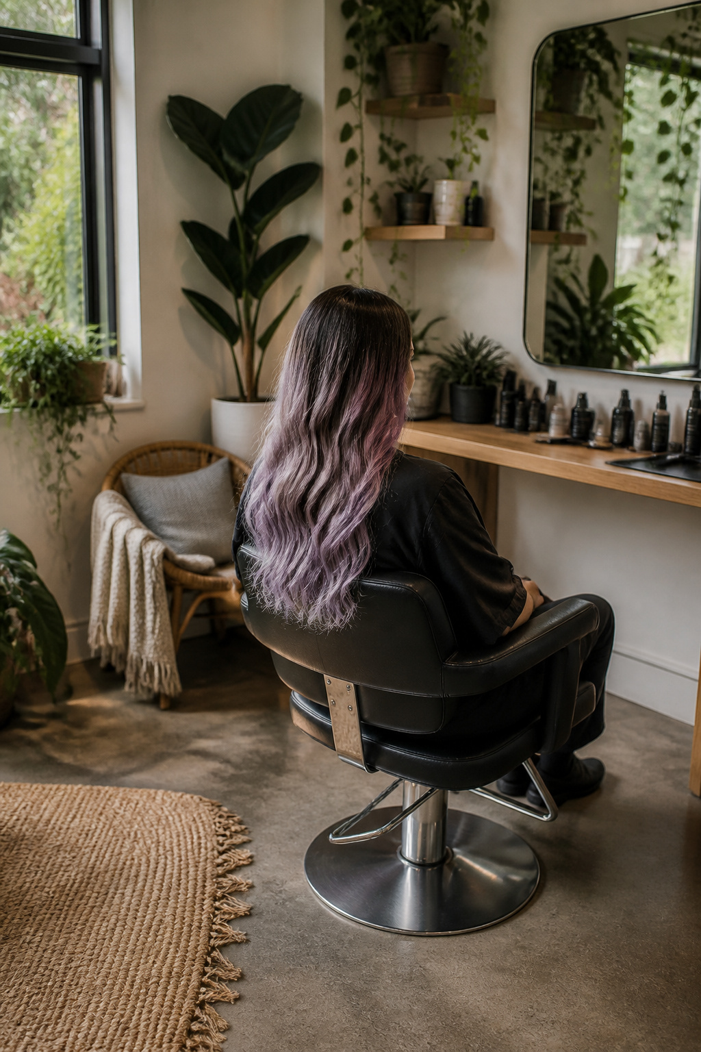 Best Holographic Hair Ideas: Colors, Styles and Techniques for 2026 8 Model with balayage hair in a relaxed salon environment.