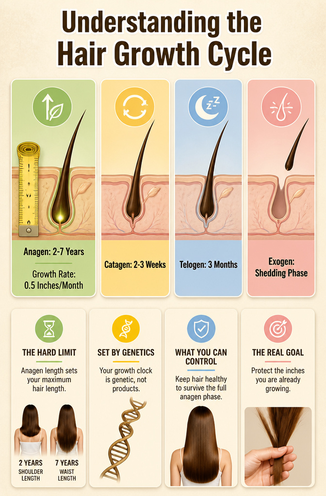 How to Grow Your Hair Faster: 7 Steps Backed by Research 8 Diagram illustrating the four stages of the hair growth cycle.