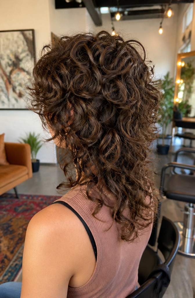 10 Cut Curly Hairstyles: Styles, Tips & What to Ask For in 2026 8 A model displays a curly shag cut with distinct layers at the crown.