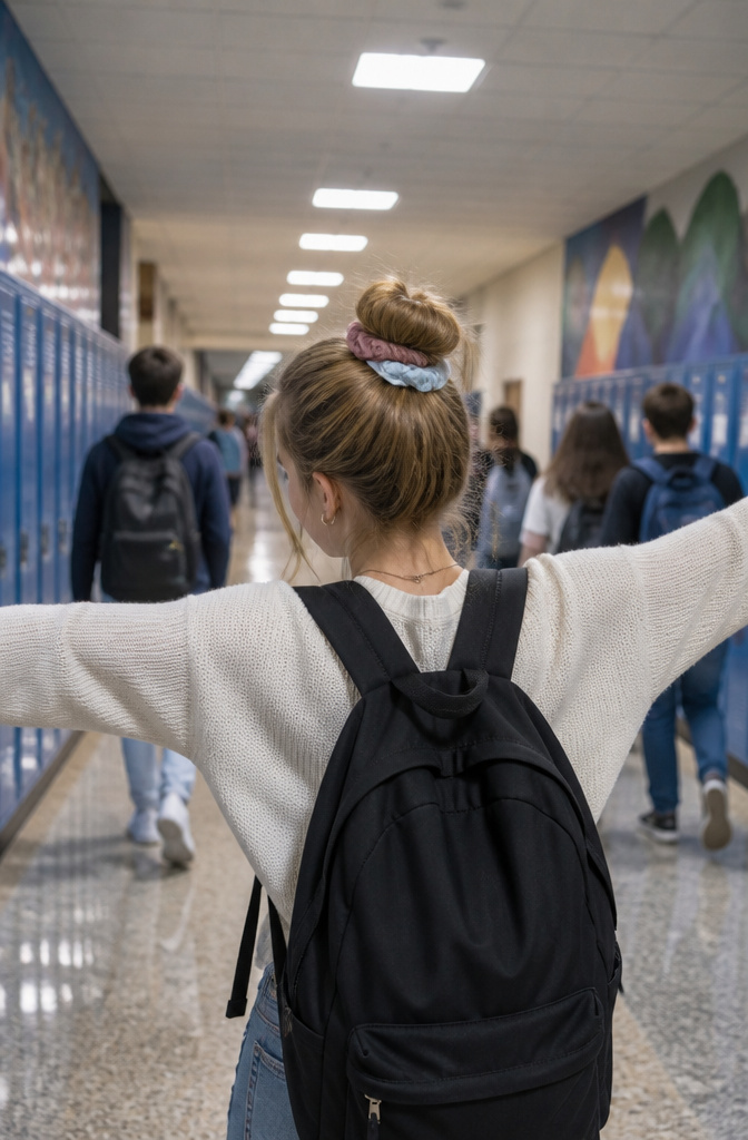 8 Simple Hairstyle Types for School: Quick Morning Styles for 2026 8 Girl with a messy bun in a bustling school corridor.